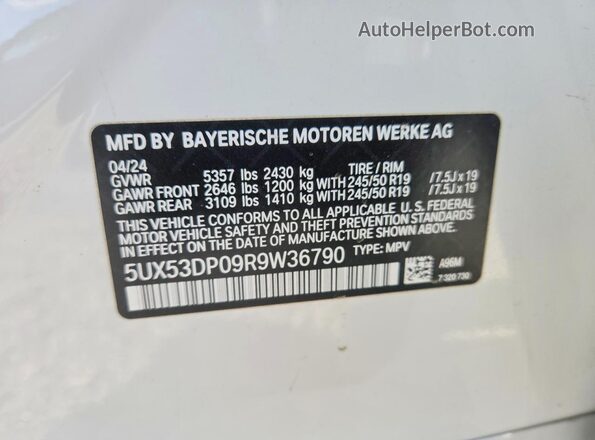 5UX53DP09R9W36790 2024 BMW X3 Белый Панорамный вид салона 360°