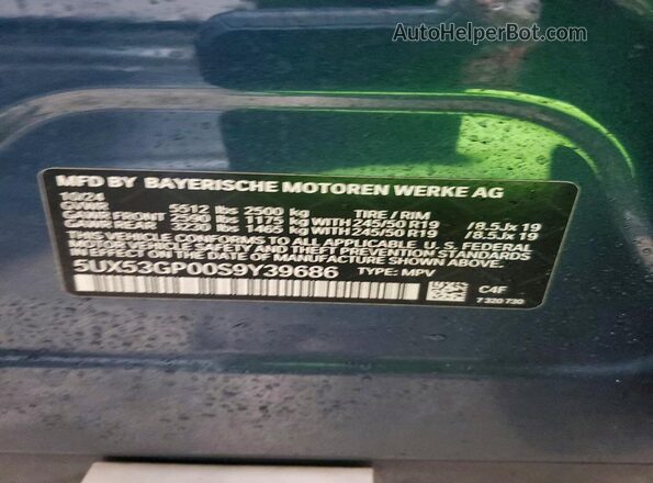 5UX53GP00S9Y39686 2025 BMW X3 Синий Вид наклейки с VIN-кодом