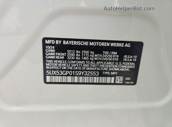 5UX53GP01S9Y32553 2025 BMW X3 Белый Вид наклейки с VIN-кодом