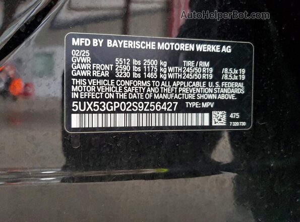 5UX53GP02S9Z56427 2025 BMW X3 Black Widok naklejki z numerem VIN