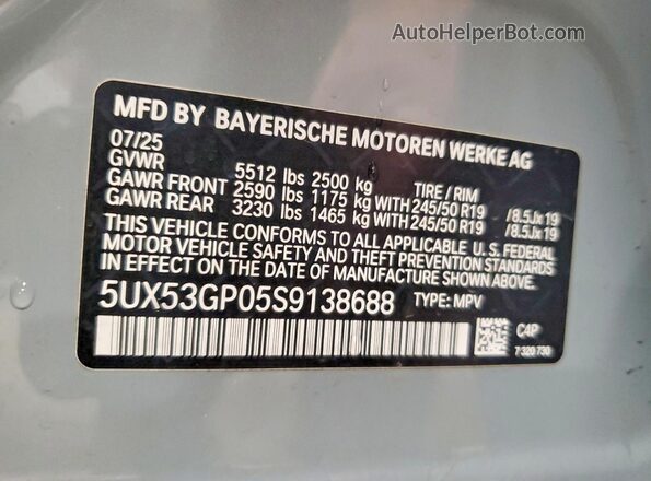 5UX53GP05S9138688 2025 BMW X3 Серый Панорамный вид салона 360°