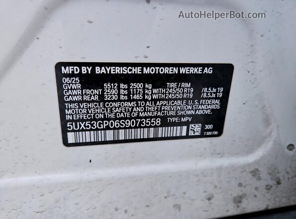 5UX53GP06S9073558 2025 BMW X3 White Widok naklejki z numerem VIN