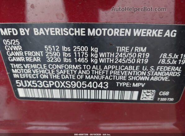 5UX53GP0XS9054043 2025 BMW X3 Красный Вид подкапотного пространства