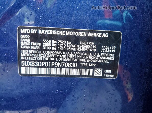 5UX83DP01P9N70830 2023 BMW X3 Синий Вид наклейки с VIN-кодом