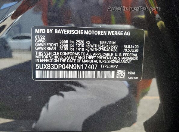 5UX83DP04N9N17407 2022 BMW X3 Черный Панорамный вид салона 360°