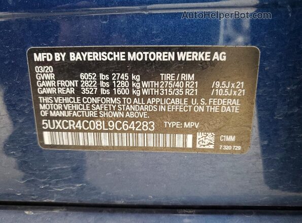 5UXCR4C08L9C64283 2020 BMW X5 Синий Вид наклейки с VIN-кодом