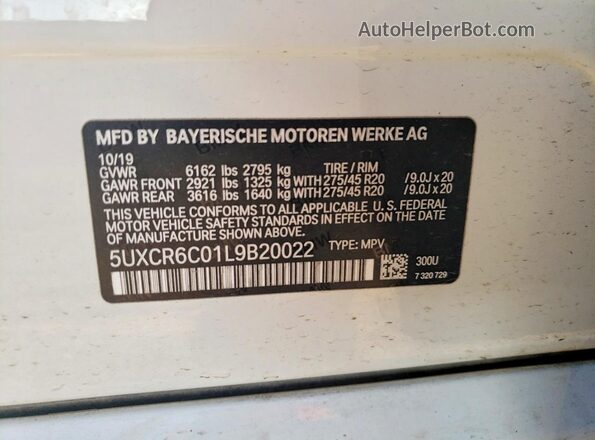 5UXCR6C01L9B20022 2020 BMW X5 White VIN კოდის სტიკერის ხედი