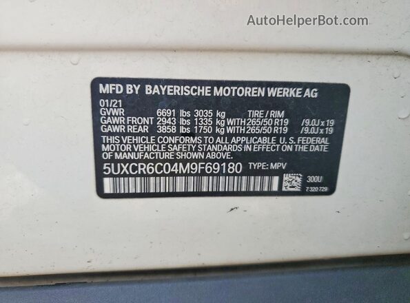 5UXCR6C04M9F69180 2021 BMW X5 Белый Вид наклейки с VIN-кодом