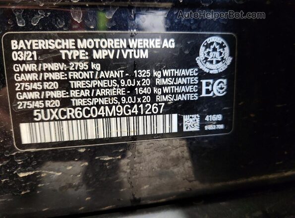5UXCR6C04M9G41267 2021 BMW X5 Blue VIN sticker view
