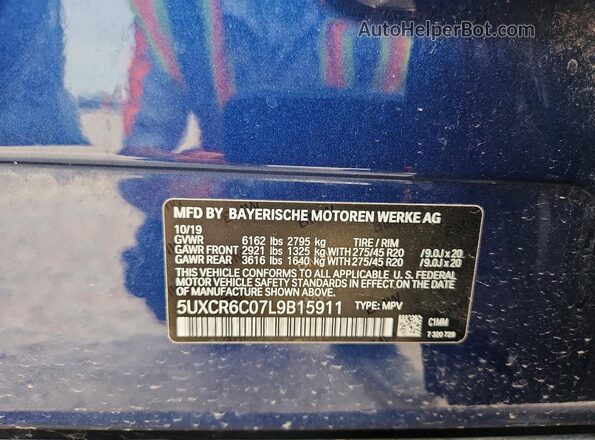 5UXCR6C07L9B15911 2020 BMW X5 Blue Widok naklejki z numerem VIN
