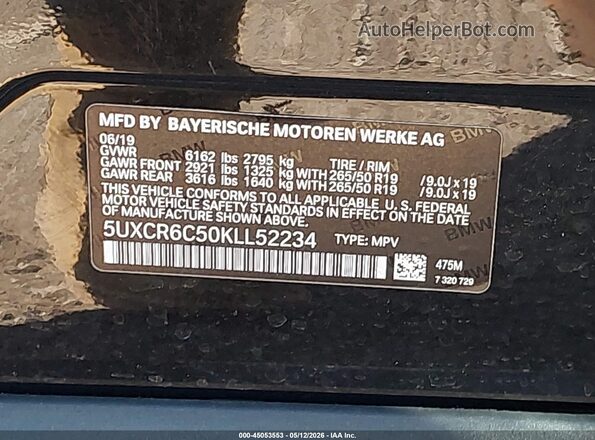5UXCR6C50KLL52234 2019 BMW X5 Черный Вид подкапотного пространства