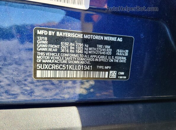 5UXCR6C51KLL01941 2019 BMW X5 Синий Вид подкапотного пространства
