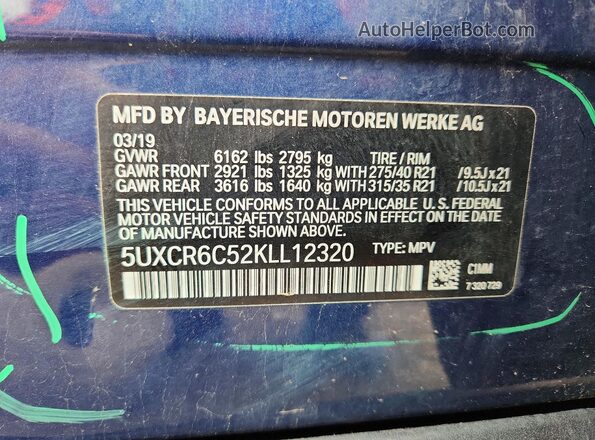 5UXCR6C52KLL12320 2019 BMW X5 Blue Widok naklejki z numerem VIN