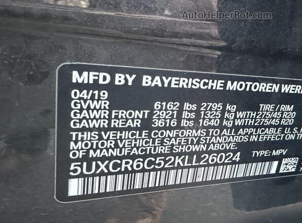 5UXCR6C52KLL26024 2019 BMW X5 Серый Вид наклейки с VIN-кодом