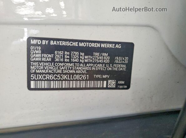 5UXCR6C53KLL08261 2019 BMW X5 Белый Вид наклейки с VIN-кодом