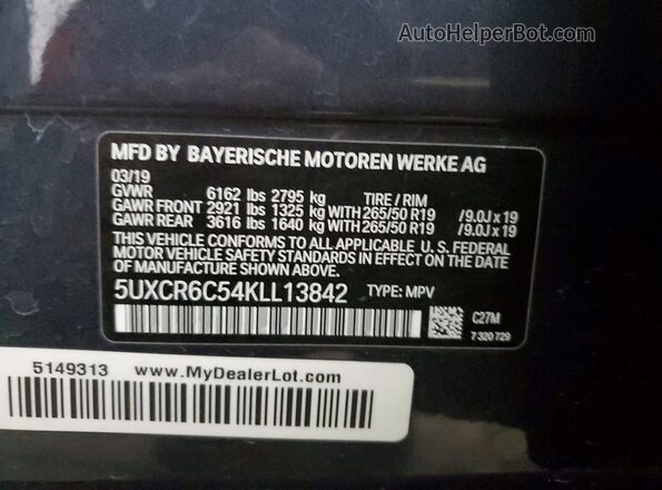 5UXCR6C54KLL13842 2019 BMW X5 Gray Vista de la etiqueta del VIN