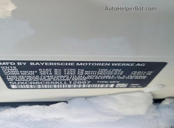 5UXCR6C55KLL12697 2019 BMW X5 Белый Панорамный вид салона 360°