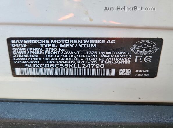 5UXCR6C55KLL24798 2019 BMW X5 Белый Панорамный вид салона 360°
