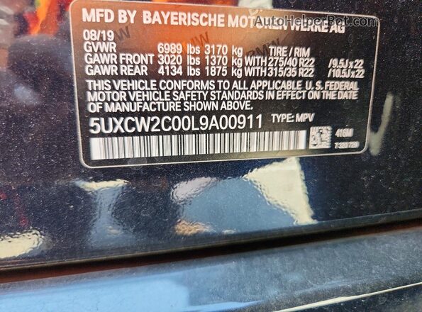5UXCW2C00L9A00911 2020 BMW X7 Черный Вид наклейки с VIN-кодом