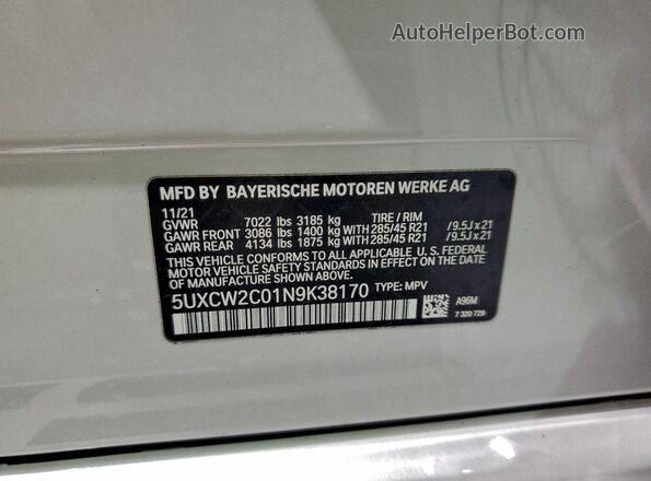 5UXCW2C01N9K38170 2022 BMW X7 White VIN sticker view