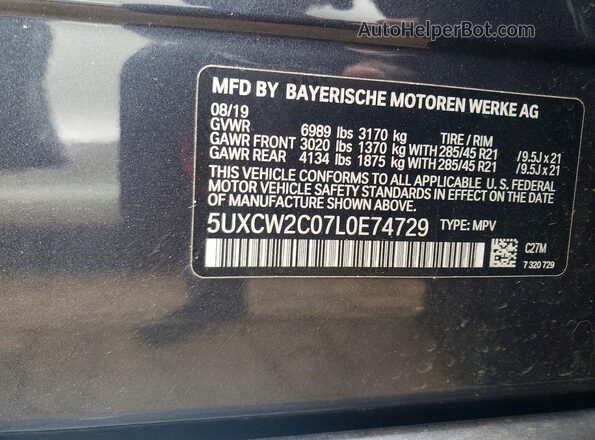 5UXCW2C07L0E74729 2020 BMW X7 Gray Widok naklejki z numerem VIN