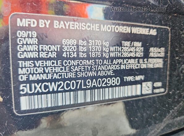 5UXCW2C07L9A02980 2020 BMW X7 Black Vista interior de 360 grados