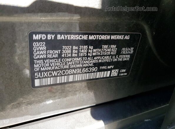 5UXCW2C08N9L66390 2022 BMW X7 Brown Vista de la etiqueta del VIN