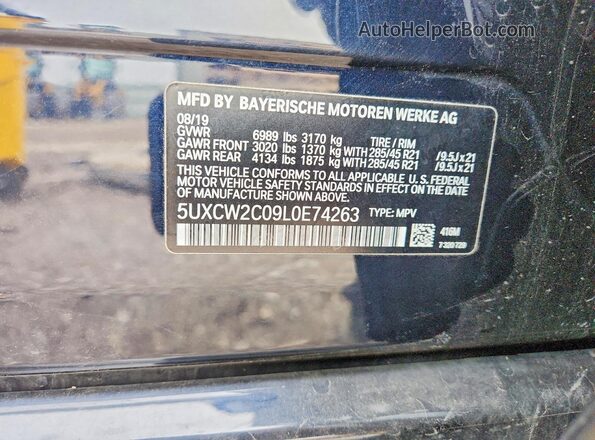 5UXCW2C09L0E74263 2020 BMW X7 Blue Widok naklejki z numerem VIN