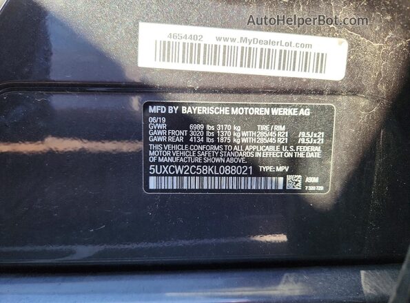 5UXCW2C58KL088021 2019 BMW X7 Черный Вид наклейки с VIN-кодом