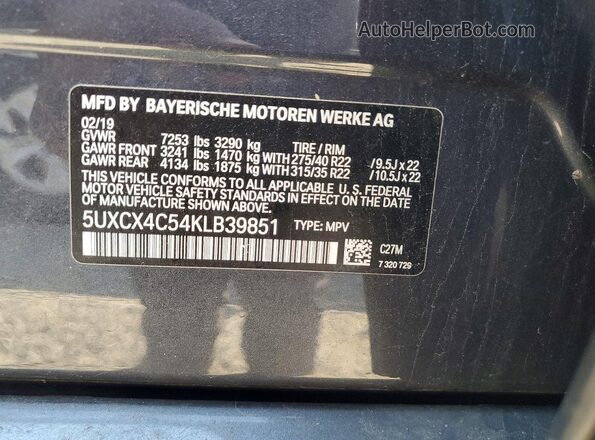 5UXCX4C54KLB39851 2019 BMW X7 Синий Вид наклейки с VIN-кодом