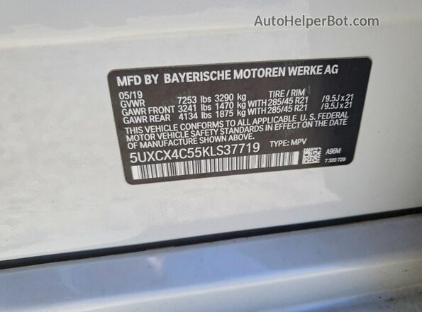 5UXCX4C55KLS37719 2019 BMW X7 White Vista de la etiqueta del VIN