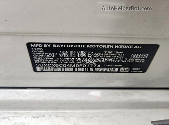 5UXCX6C04M9F01774 2021 BMW X7 White Widok naklejki z numerem VIN