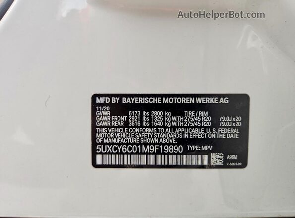 5UXCY6C01M9F19890 2021 BMW X6 White VIN sticker view