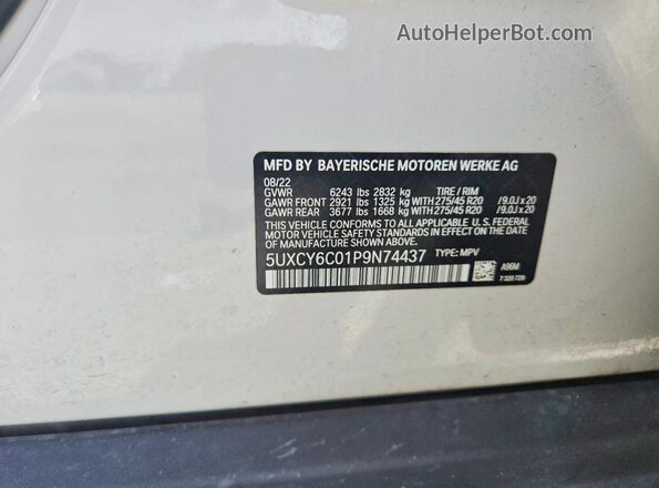 5UXCY6C01P9N74437 2023 BMW X6 White Widok naklejki z numerem VIN