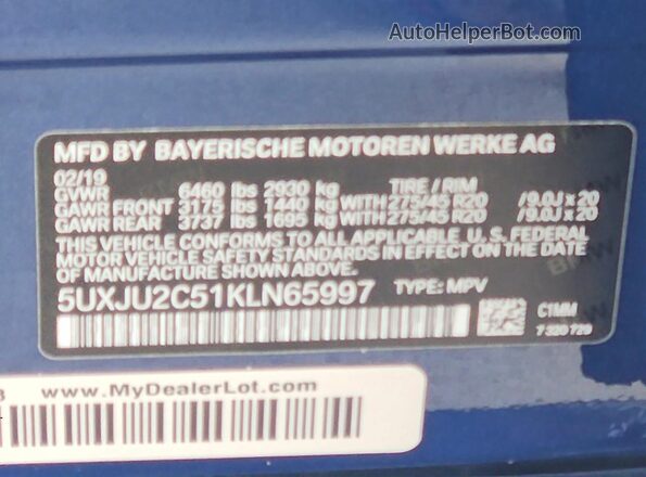 5UXJU2C51KLN65997 2019 BMW X5 Синий Вид подкапотного пространства