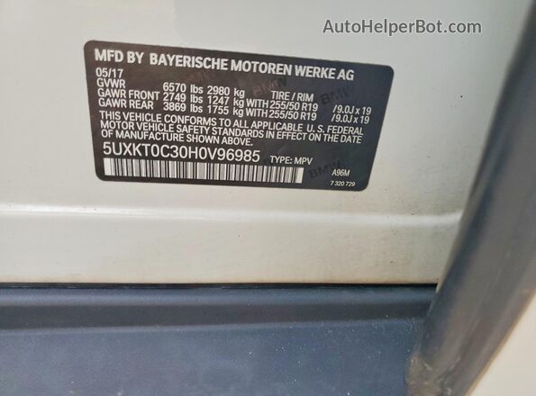5UXKT0C30H0V96985 2017 BMW X5 White Widok naklejki z numerem VIN