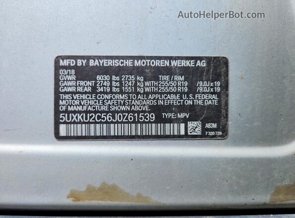 5UXKU2C56J0Z61539 2018 BMW X6 Серебряный Вид наклейки с VIN-кодом