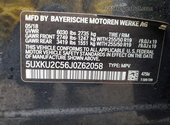 5UXKU2C56J0Z62058 2018 BMW X6 Черный Панорамный вид салона 360°