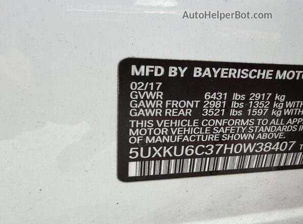 5UXKU6C37H0W38407 2017 BMW X6 Белый Вид подкапотного пространства