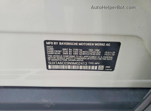 5UXTA6C03N9M02413 2022 BMW X5 Белый Вид наклейки с VIN-кодом