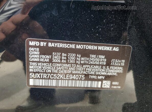 5UXTR7C52KLE94075 2019 BMW X3 Черный Панорамный вид салона 360°