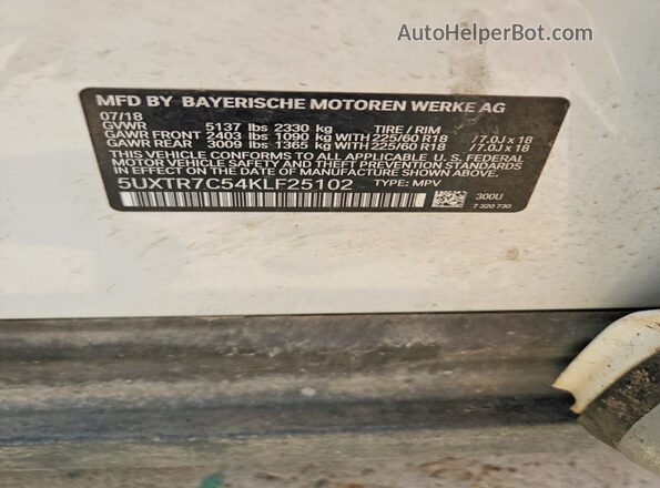 5UXTR7C54KLF25102 2019 BMW X3 Белый Вид наклейки с VIN-кодом