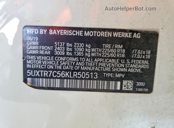5UXTR7C56KLR50513 2019 BMW X3 White Widok komory silnika
