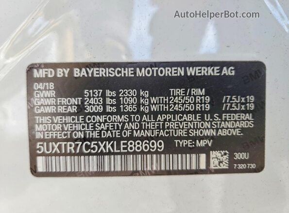 5UXTR7C5XKLE88699 2019 BMW X3 Белый Вид наклейки с VIN-кодом
