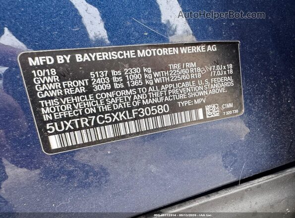 5UXTR7C5XKLF30580 2019 BMW X3 Blue Вид підкапотного простору