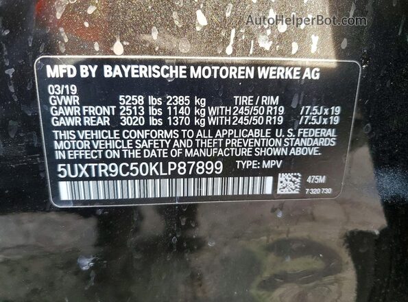 5UXTR9C50KLP87899 2019 BMW X3 Black Vista de la etiqueta del VIN