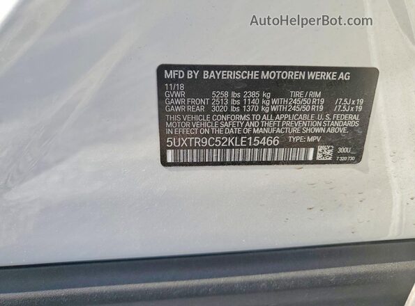 5UXTR9C52KLE15466 2019 BMW X3 Белый Вид наклейки с VIN-кодом