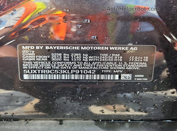 5UXTR9C53KLP91042 2019 BMW X3 Charcoal Widok naklejki z numerem VIN