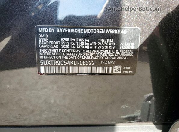 5UXTR9C54KLR08322 2019 BMW X3 Серый Вид наклейки с VIN-кодом