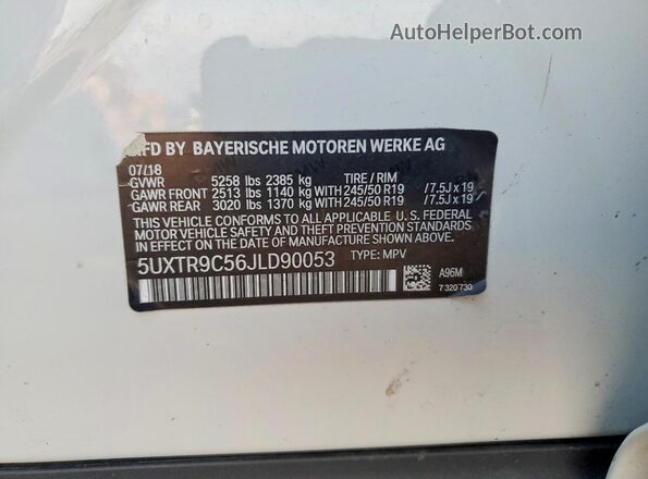 5UXTR9C56JLD90053 2018 BMW X3 White VIN sticker view